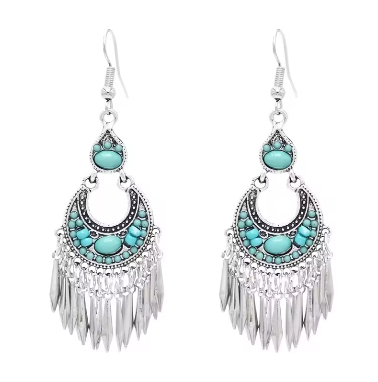 Handmade Retro Tassel Indian Crescent Turquoise Bohemian Long Drop Dangle Earrings