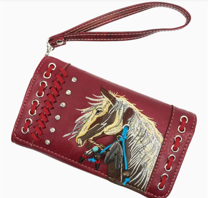 Horse Embroidery Western Crossbody Wristlet Wallet