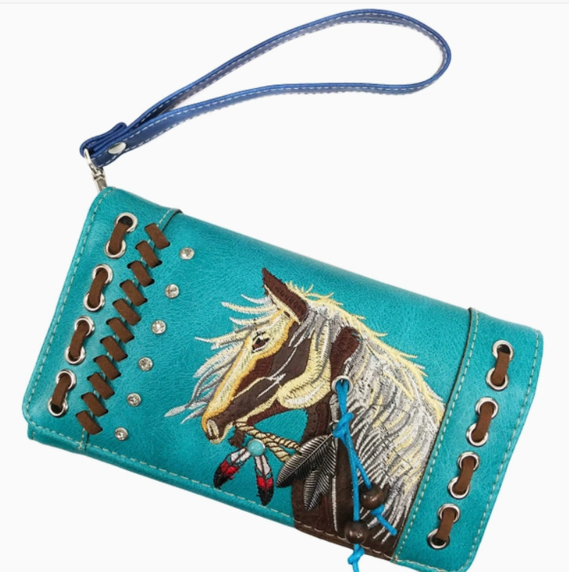 Horse Embroidery Western Crossbody Wristlet Wallet