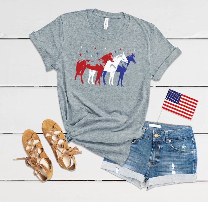 Red White and Blue Horses Adult T-Shirt