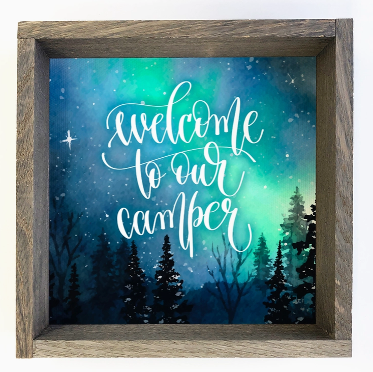 Welcome To Our Camper Word Art with Starry Sky and Forrest
