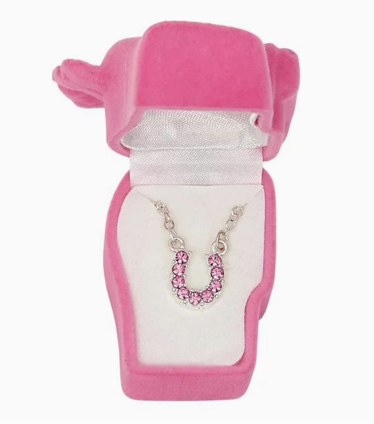 Pink Rhinestone Horseshoe Necklace W/Horse Head Gift Box