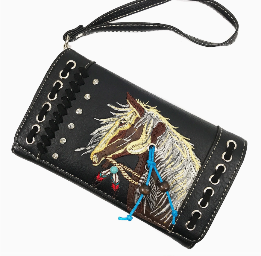 Horse Embroidery Western Crossbody Wristlet Wallet