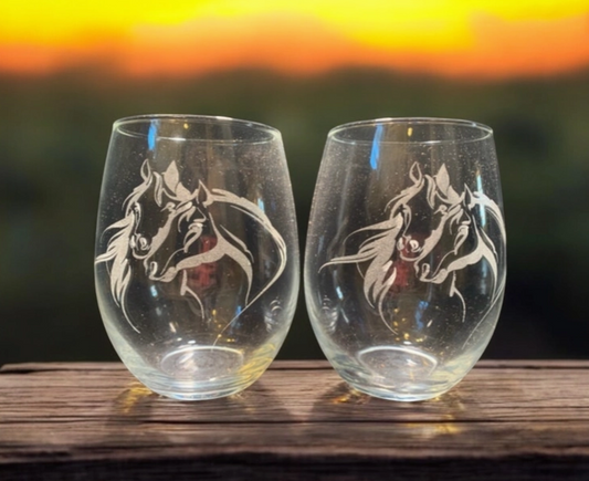 Etched Stemless Wine Glass with Horse Heads Design