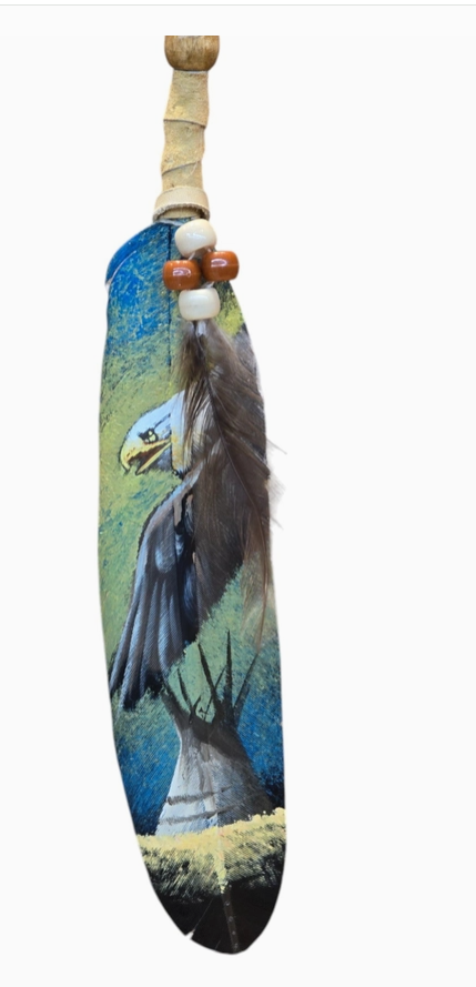 Hand Painted Feather, Featuring A Bald Eagle & Teepee