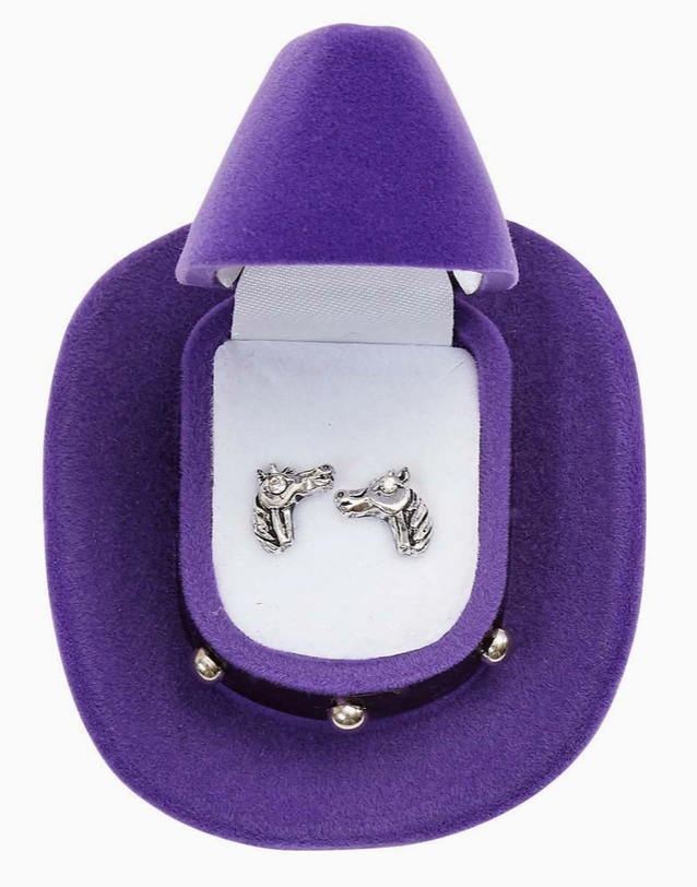 Horse Head Earrings W/Purple Cowboy Hat Gift Box