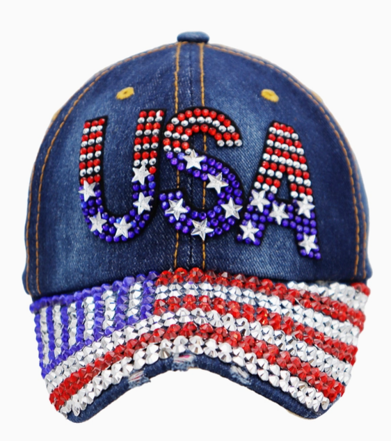 USA American Flag Bling Rhinestone Denim Cap