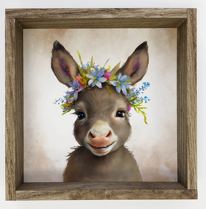Cute Flower Donkey - Nursery Art with Rustic Wood Frame
