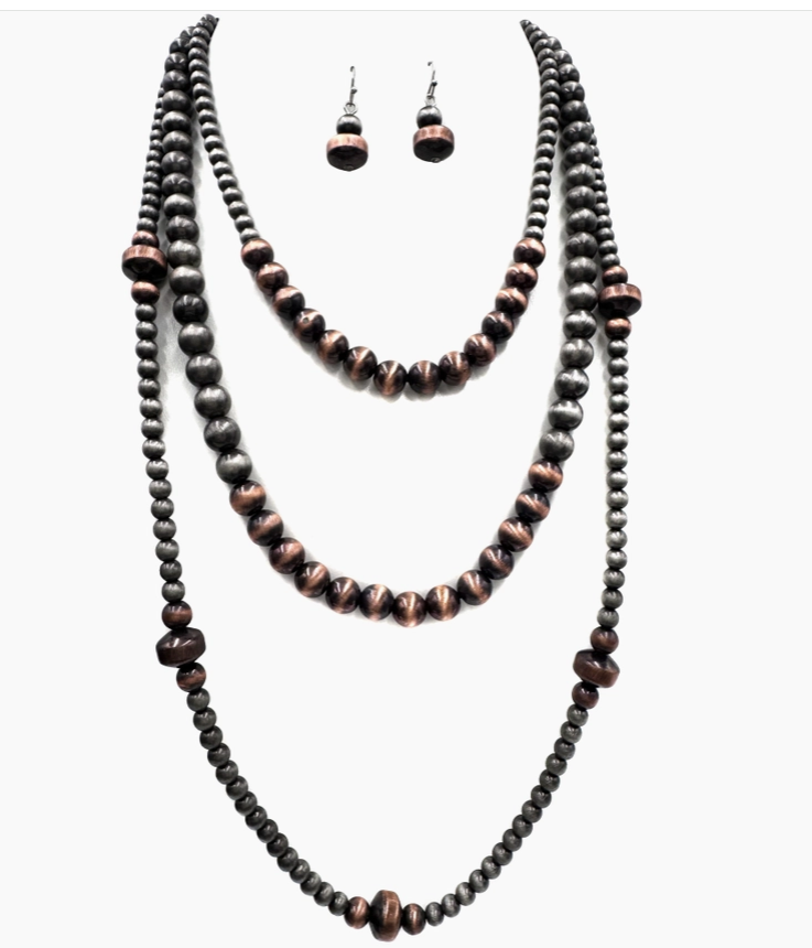 Navajo Beads Three Layer Necklace Earrings Set