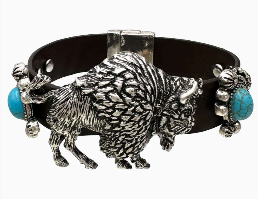 Water Buffalo Turquoise Stud Leather Band Bracelet