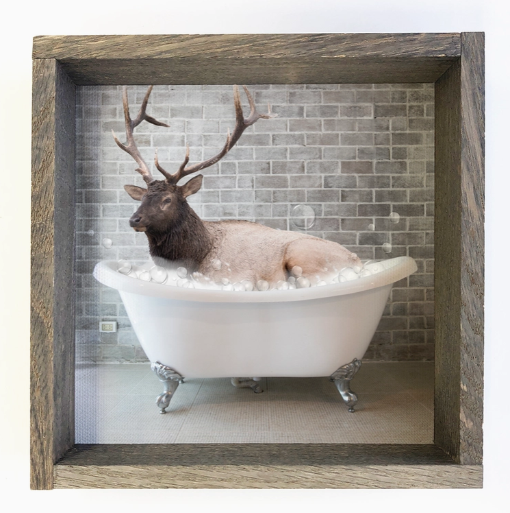 Elk in A Bubble Bath Funny Bathroom Greywash Wood Frame