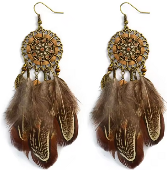 Indian Style Dreamcatcher Feather Drop Earrings