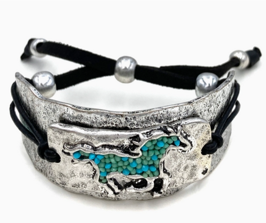 Beaded Horse Western Silver Bracelet Cuff