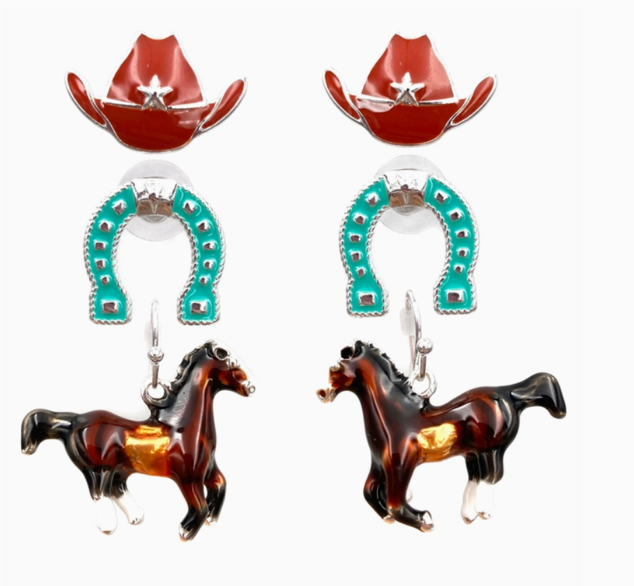 Cowboy Hat Horseshoe Horse Earrings Three Piece Set