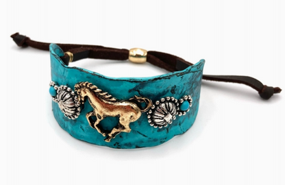 Running Horse Silver Gold Patina Western Bracelet Cuff