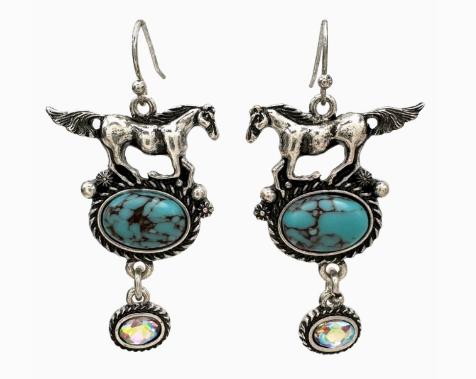 Silver Horse Turquoise Cabochon Ab Rhinestone Dangle Earrings