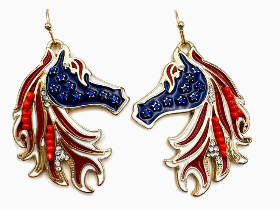 US Flag Color Horse Gold Earrings