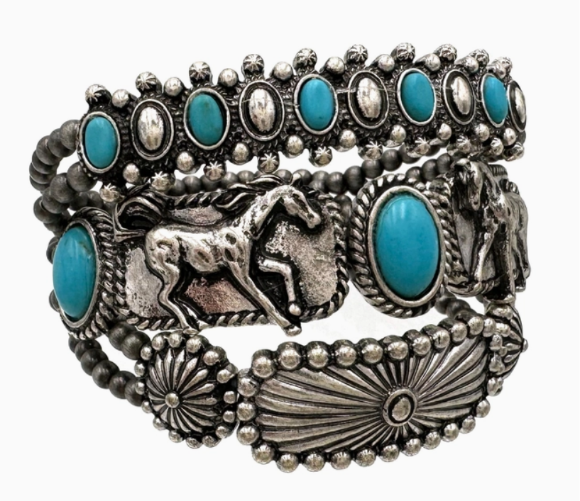 Western Native Horse Three Piece Navajo Beads Bracelet