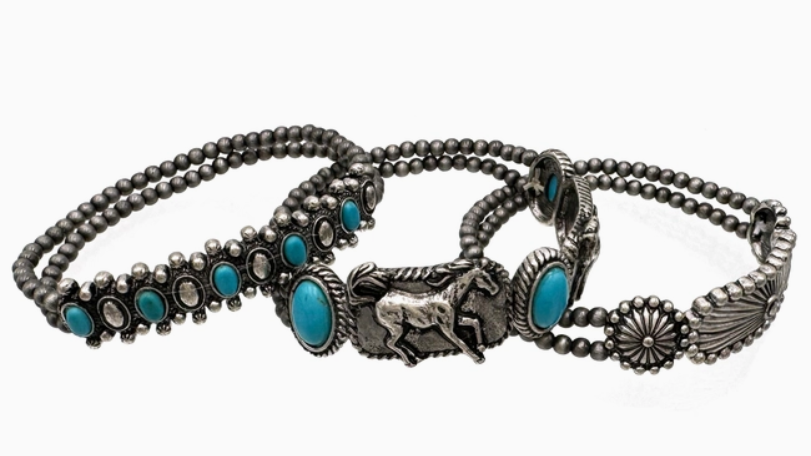 Western Native Horse Three Piece Navajo Beads Bracelet