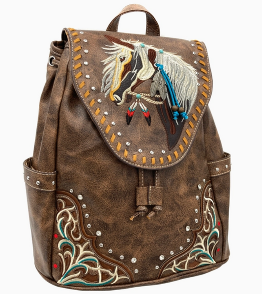 Women's Embroidered Horse Western Leather Backpack