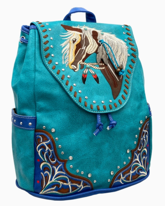 Women's Embroidered Horse Western Leather Backpack