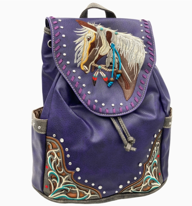 Women's Embroidered Horse Western Leather Backpack