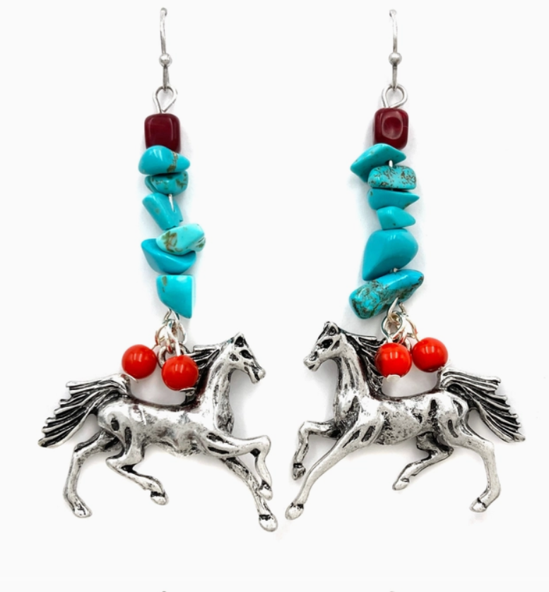 Horse Turquoise Stone Multi Bead Western Dangle Earrings