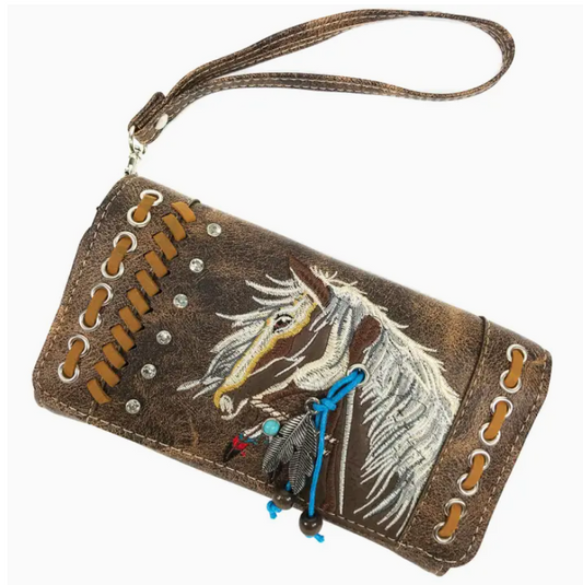 Horse Embroidery Western Crossbody Wristlet Wallet