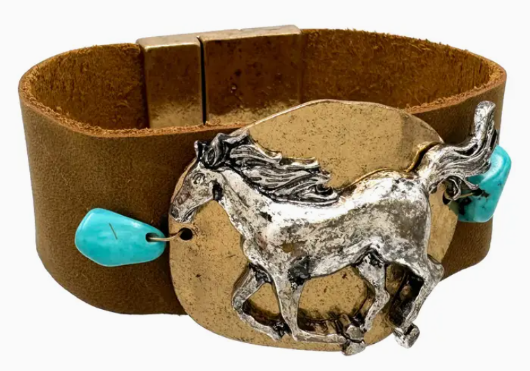 Native Turquoise Stone Horse Pu Leather Wrap Bracelet