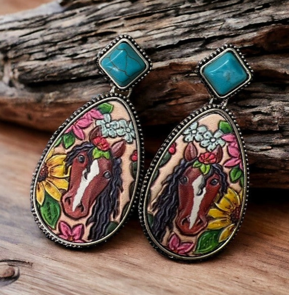 Horse Etched Teardrop Dangle Earring