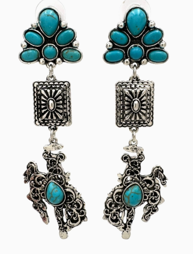 Western Cowboy Horse Turquoise Navajo Three Charm Dangle Earrings