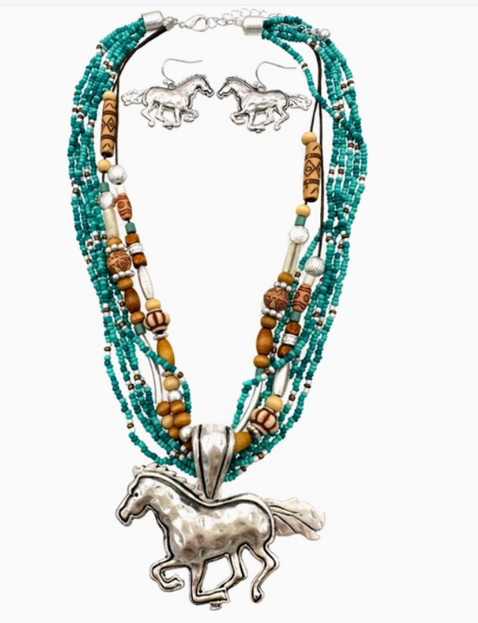 White Turquoise Navajo Bead Horse Pendant Necklace