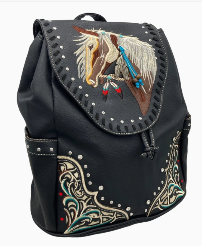 Women's Embroidered Horse Western Leather Backpack