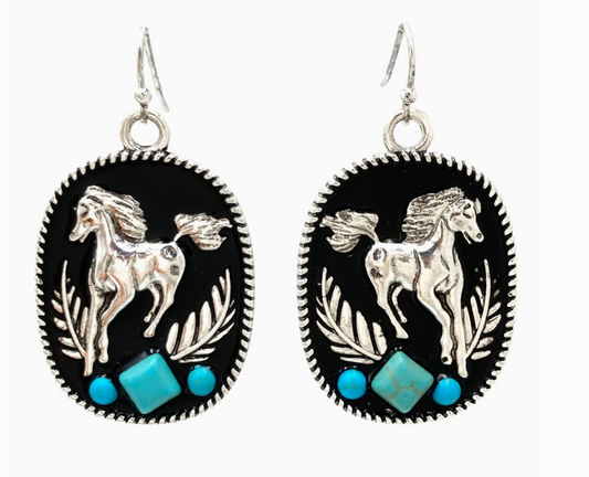 Western Horse Turquoise Black Earrings