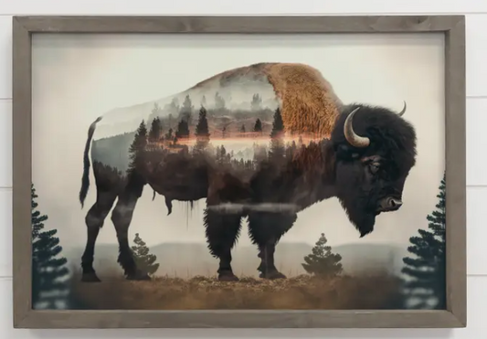 Bison Trees Double Exposure -Wood Framed Wildlife Canvas Art