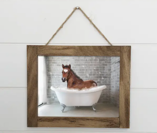 Horse in Bathtub Funny Bathroom Wood Sign Framed - large