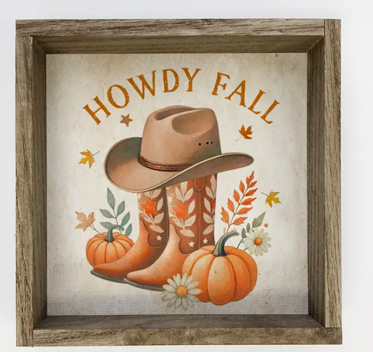 Howdy Fall Cowboy Boots - Country Fall Canvas Art - Framed