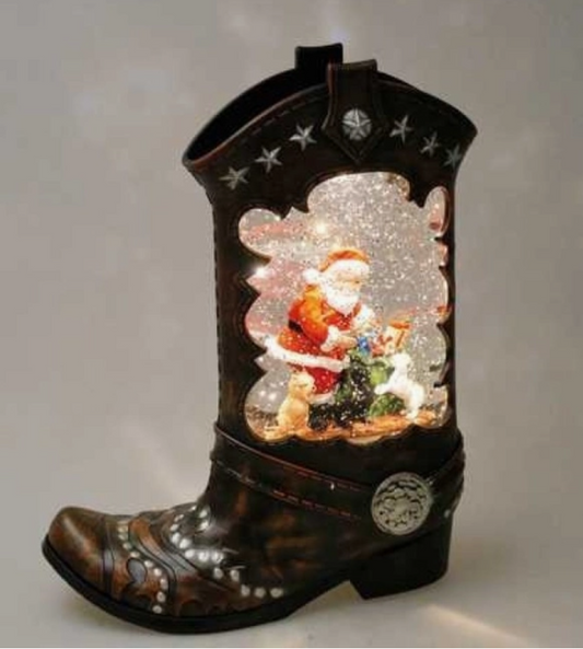 Cowboy Boots Snowglobe with A Santa Scene Inside