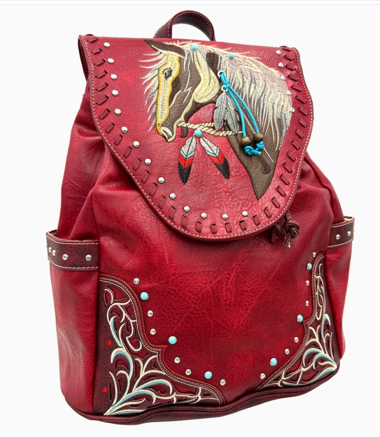 Women's Embroidered Horse Western Leather Backpack