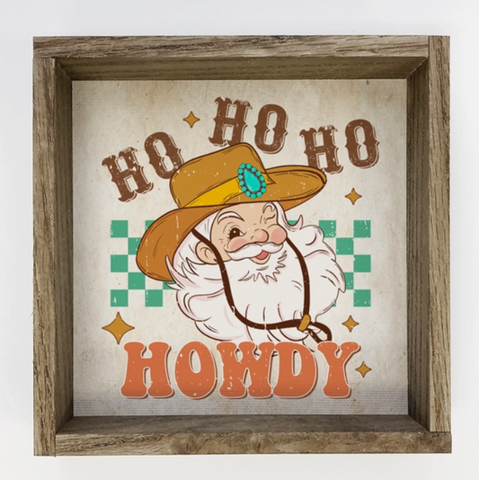 Howdy Cowboy Santa - Framed Holiday Sign - Retro Holiday Art