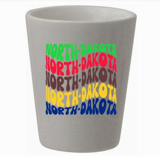 North Dakota Wave Script 1.5oz White Ceramic Shot Glass