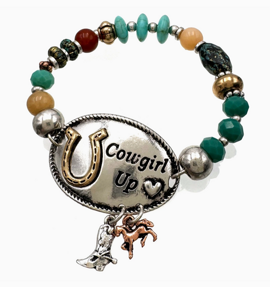 Cowgirl Up Horse Turquoise Beads Stretch Bracelet