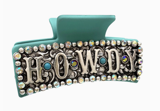 Western Howdy Rhinestone Silver Turquoise Hair Claw