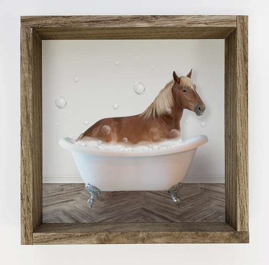 Horse Taking A Bath Wood Sign - Funny Bathroom Bathtub Art