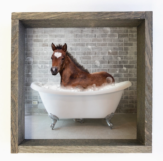 Horse in A Bathtub Funny Bathroom Greywash Wood Frame