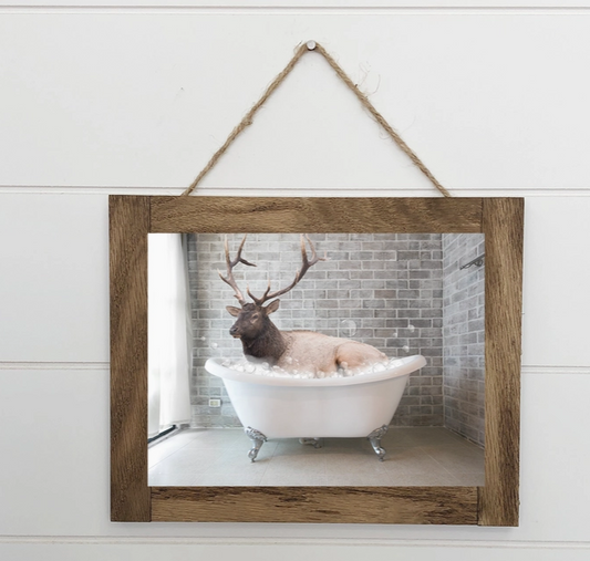 Elk in Bathtub - Bathroom Canvas Wood Sign