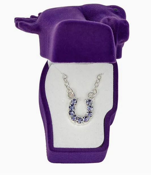 Purple Rhinestone Horseshoe Necklace W/Horse Head Gift Box