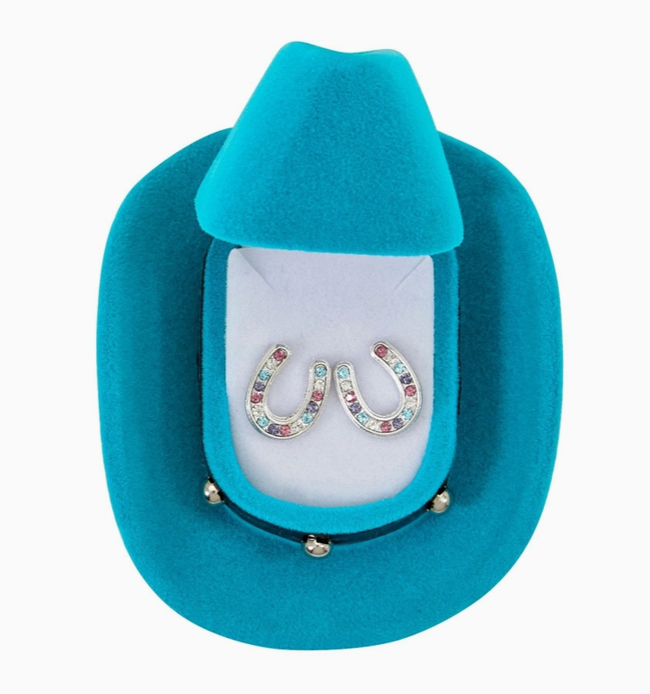 Multi colored horse shoe earrings w/ cowboy hat box