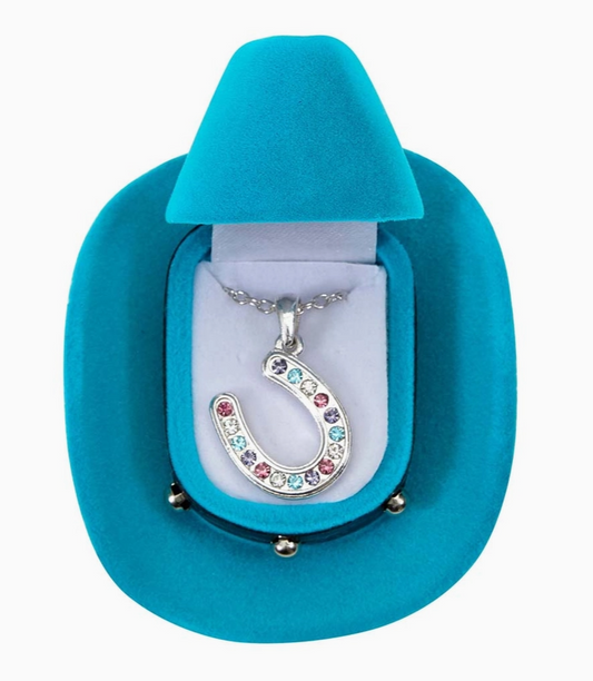Multi colored horse shoe necklace w/ cowboy hat gift box