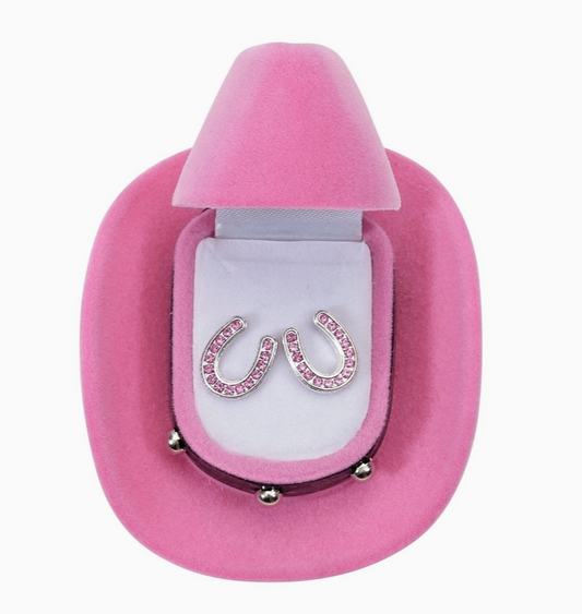 Pink colored horse shoe earrings w/ cowboy hat box (Copy)